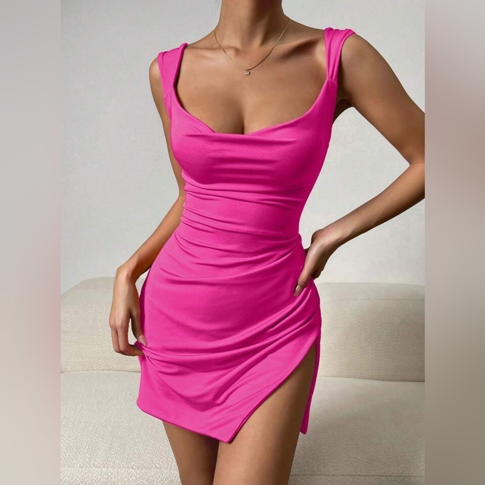 SHEIN Privé Solid Split Thigh Dress in Hot Pink